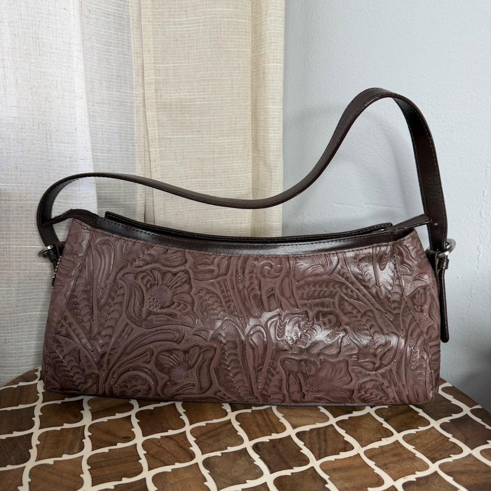 Vintage Valerie Stevens Baguette Purse Floral Embossed Tooled Leather Brown - Picture 2 of 10